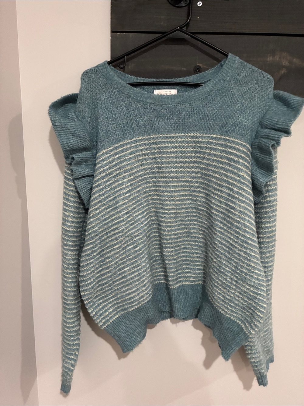 LC Lauren Conrad Teal Blue & Cream Striped Ruffle Sleeve Sweater